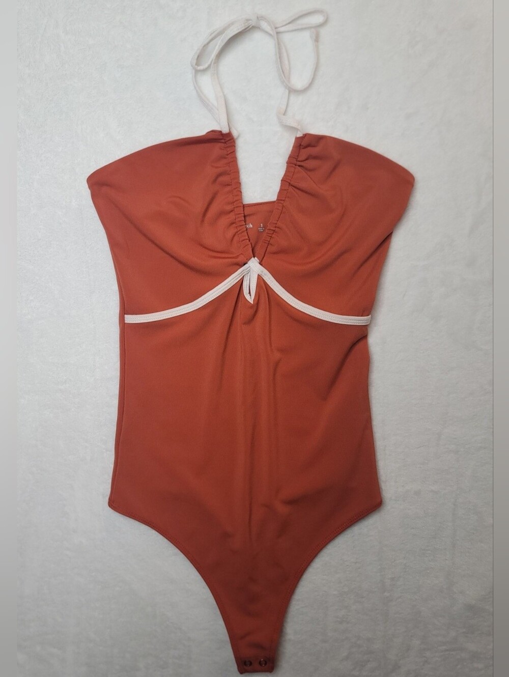 Abercrombie & Fitch Halter Cutout Boydsuit Sz S Rust Orange White Trim Thong Cut